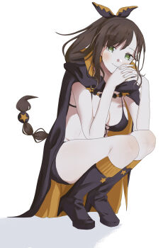 1girl absurdres bikini bikini_top_only black_bikini black_boots black_ribbon boots braid breasts brown_hair cleavage cloak commentary_request extra_pupils full_body green_eyes hair_ribbon hands_up highres knee_boots long_hair looking_at_viewer miwo_ya own_hands_together ponytail re:zero_kara_hajimeru_isekai_seikatsu ribbon shaula_(re:zero) simple_background smile solo squatting swimsuit white_background