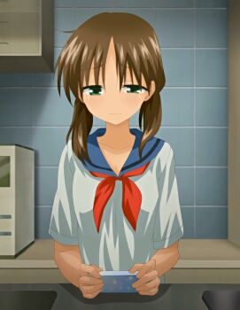 1girl absurdres anime_screenshot blush brown_hair green_eyes highres in_the_kitchen oyasumi_sex school_uniform serafuku short_hair sleeping_pills solo standing stitched third-party_edit tsukioka_yui twintails