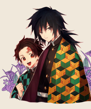 2boys black_hair black_jacket blue_eyes brown_hair buttons checkered_haori commentary_request demon_slayer_uniform gold_buttons hair_between_eyes haori high_collar highres jacket japanese_clothes kamado_tanjirou kikkoumon kimetsu_no_yaiba long_hair looking_at_viewer low_ponytail male_focus multiple_boys open_mouth partial_commentary ponytail print_haori red_haori short_hair smile spiked_hair takechu tomioka_giyuu