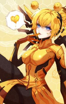 1girl animification antennae armor black_leggings blonde_hair blue_eyes bright_pupils commentary_request fake_antennae fake_wings food_on_hand gloves heart highres honey honey_bee_mercy honeycomb_(pattern) honeycomb_print leggings looking_at_viewer mechanical_wings mercy_(overwatch) milord_jz open_mouth orange_gloves overwatch ponytail sitting solo spoken_heart white_pupils wings yellow_armor yellow_background yellow_theme