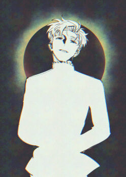Rule 34 | 1boy, arms behind back, chi.: chikyuu no undou ni tsuite, greyscale, jacket, kadeart, male focus, monochrome, moon, rafal (chi.), short hair, solo, standing, teeth, turtleneck, turtleneck jacket