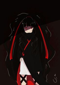 Rule 34 | 1girl, arm at side, azami (kagerou project), black hair, blending, cloak, cowboy shot, curly hair, dark, female focus, hair ribbon, hand on own hip, kagerou days (vocaloid), kagerou project, leg ribbon, long hair, long ribbon, long sleeves, looking at viewer, petticoat, red eyes, red ribbon, ribbon, scales, shaded face, shadow, signature, sleeves past wrists, slip showing, smile, solo, uikoui, very long hair, vocaloid, wavy hair