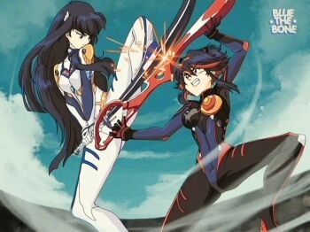 2girls artist_name bakuzan battle black_bodysuit black_hair blue_eyes bluethebone bodysuit breasts cloud crossover fighting hair_ornament interface_headset_(evangelion) junketsu katana kill_la_kill kiryuuin_satsuki long_hair matoi_ryuuko mecha_pilot_suit medium_breasts multicolored_hair multiple_girls neon_genesis_evangelion plugsuit_(evangelion) red_hair senketsu short_hair siblings sisters sky streaked_hair sword two-tone_hair weapon white_bodysuit