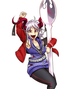 1girl arm_up black_pants blue_dress commentary_request curly_hair dress earrings feet_out_of_frame head_tattoo highres holding holding_spork horn_ornament horn_ribbon horns jacket jewelry looking_at_viewer manatsu_no_yo_no_inmu meandros medium_hair neck_tattoo open_mouth oversized_object pants patterned_clothing pointy_ears red_eyes red_horns red_jacket ribbon ryuuichi_(f_dragon) sharp_teeth sheep_horns simple_background smile solo spork tattoo teeth touhou toutetsu_yuuma utensil white_background white_hair