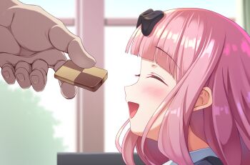 Rule 34 | 1girl, 1other, black ribbon, blunt bangs, blush, closed eyes, cookie, food, fujiwara chika, gn2, hair ribbon, happy, highres, indoors, kaguya-sama wa kokurasetai ~tensai-tachi no renai zunousen~, long hair, open mouth, pink hair, profile, ribbon, sidelocks, smile, solo focus, tree, window