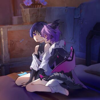 2boys absurdres bare_shoulders between_legs blue_eyes blue_hair bridal_gauntlets demon_horns demon_wings dragon_boy dragon_horns dragon_tail dragon_wings flower genshin_impact gloves hand_between_legs hand_on_another&#039;s_chest highres horns indoors mini_durin_(genshin_impact) mini_durin_(human)_(genshin_impact) multiple_boys open_mouth pink_eyes purple_eyes purple_hair red_eyes scaramouche_(genshin_impact) shirt short_hair sitting skirt sleeveless smile tail wanderer_(genshin_impact) wariza white_shirt wings zhuohe798
