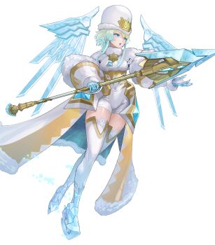 Rule 34 | 1girl, attack, blonde hair, blue eyes, breasts, brooch, cape, capelet, earrings, emblem, fire emblem, fire emblem heroes, fjorm (fire emblem), fjorm (icy miracle) (fire emblem), fur-trimmed cape, fur hat, fur trim, gloves, green eyes, hat, highres, holding, holding polearm, holding weapon, ice, ice skates, ice wings, jewelry, medium breasts, multicolored hair, nintendo, non-web source, official alternate costume, official art, parted lips, polearm, short hair, short hair with long locks, skates, solo, thighhighs, weapon, white capelet, wings