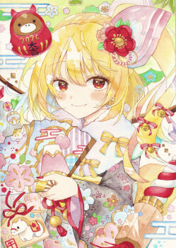 Rule 34 | 1girl, absurdres, alternate costume, bell, black kimono, blonde hair, blush, chinese zodiac, closed mouth, commentary request, crystal, crystal wings, daruma doll, egasumi, ema, fang, flandre scarlet, floral print, flower, folding fan, furisode, hair bell, hair flower, hair ornament, hand fan, hat, highres, holding, holding fan, japanese clothes, kanzashi, kimono, long sleeves, looking at viewer, multicolored wings, new year, one side up, painting (medium), print kimono, red eyes, red nails, ringo33757, skin fang, smile, solo, touhou, traditional media, tsumami kanzashi, watercolor (medium), wings, year of the horse