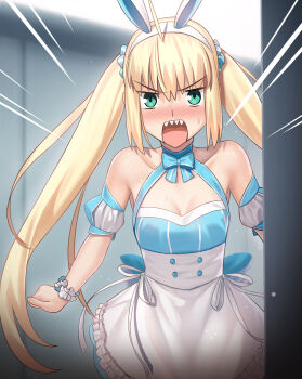 1girl ahoge animal_ears apron artoria_caster_(fate) artoria_caster_(swimsuit_berserker)_(second_ascension)_(fate) artoria_pendragon_(fate) besmiled blue_bow blue_dress blush bow clenched_hands commentary_request detached_sleeves dress fake_animal_ears fate/grand_order fate_(series) flustered green_eyes hair_between_eyes hairband highres long_hair looking_at_viewer open_mouth puffy_short_sleeves puffy_sleeves rabbit_ears scrunchie sharp_teeth short_sleeves solo standing sweatdrop teeth tongue twintails upper_teeth_only upright_ahoge very_long_hair white_apron white_hairband wrist_scrunchie