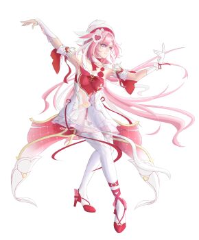 1girl absurdres armpits beret breasts chinese_commentary commentary_request diamond-shaped_pupils diamond_(shape) dress elysia_(hi_love_elf)_(honkai_impact) elysia_(honkai_impact) full_body gloves hat highres honkai_(series) honkai_impact_3rd large_breasts long_hair multicolored_hair pink_hair purple_eyes red_dress simple_background single_glove smile solo symbol-shaped_pupils thighhighs two-tone_hair very_long_hair white_background white_dress white_gloves white_hair white_thighhighs zhangan703