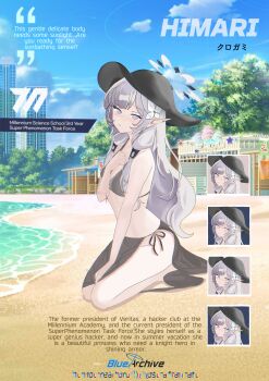 absurdres beach bikini black_hairband black_hat blue_archive character_name earclip flower grey_halo hair_flower hair_ornament hairband halo hat highres himari_(blue_archive) kurogami_fuyuki logo millennium_science_school_logo multicolored_halo multiple_expressions pointy_ears swimsuit two-tone_halo veritas_(blue_archive) white_halo