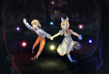 1boy 1girl arm_up begging black_footwear blonde_hair blue_eyes boots bottle bow brother_and_sister brown_legwear cabin chrono_story_(vocaloid) crescent_moon dated doblemjwn dress evillious_nendaiki fog forest glowing gretel_(evillious_nendaiki) hair_bow hair_ornament hairclip hansel_(evillious_nendaiki) highres holding_hands hut kagamine_len kagamine_rin leaf looking_up moon nature night night_sky open_mouth orange_pants outstretched_arms pants pigeon-toed seven_deadly_sins shirt shoes short_hair siblings signature sky sparkle standing standing_on_one_leg star_(symbol) twins vocaloid white_dress white_legwear white_shirt