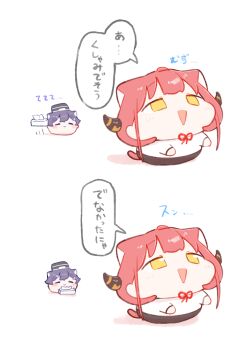 Rule 34 | 2girls, :d, ahoge, animal ears, aru (blue archive), black hat, blue archive, cat ears, cat tail, chibi, chibi only, closed eyes, commentary request, demon girl, demon horns, haruka (blue archive), hat, highres, holding, horns, looking at another, looking up, multiple girls, open mouth, purple hair, red hair, red ribbon, ribbon, smile, speech bubble, tail, tissue, translation request, unable to sneeze, urode, yellow eyes