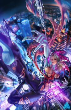 1girl absurdres ballet_slippers breasts city commentary english_commentary eyebrow_piercing face_piercing gwen_stacy gwenom highres kuiyanxu marvel mixed-language_commentary navel piercing sharp_teeth silk solo spider-gwen spider-man_(series) spider_web spider_web_print superhero_costume symbiote teeth
