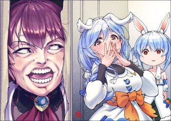 3girls animal_ear_fluff animal_ears blue_hair blush braid braided_ponytail breaking_through_wall broken_door here's_johnny!_(meme) hole_in_wall hololive houshou_marine kineko9218 long_hair meme multicolored_hair multiple_girls open_mouth parody pekomama rabbit_ears rabbit_girl scene_reference short_eyebrows the_shining thick_eyebrows two-tone_hair usada_pekora virtual_youtuber white_hair