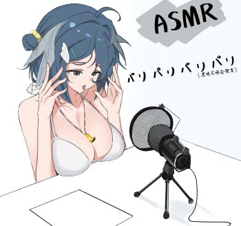 Rule 34 | 1girl, absurdres, arknights, asmr, between breasts, black eyes, black hair, breasts, chinese commentary, cleavage, collarbone, commentary request, hair ornament, hairclip, hands up, highres, la pluma (arknights), la pluma (summer flowers) (arknights), medium breasts, microphone, official alternate costume, paper, short hair, simple background, solo, sound effects, translation request, whistle, whistle around neck, white background, zhenjie20