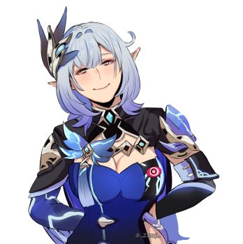 1girl absurdres arms_behind_back blue_corset blue_eyes breasts cleavage corset elf elysia_(honkai_impact) elysia_(miss_pink_elf)_(honkai_impact) hair_ornament herrscher_of_corruption highres honkai_(series) honkai_impact_3rd large_breasts long_hair looking_at_viewer orange_eyes pointy_ears shrug_(clothing) simple_background smile solo twitter_username upper_body very_long_hair white_background zanqi