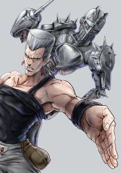 Rule 34 | 1boy, absurdres, armor, bare shoulders, black wristband, blue eyes, clenched teeth, collarbone, commentary, earrings, fingernails, grey background, grey hair, grey pants, hatching (texture), highres, jean pierre polnareff, jewelry, jojo no kimyou na bouken, kaib0y, linear hatching, making-of available, male focus, outstretched arm, pants, reflection, short hair, silver chariot, simple background, solo, stand (jojo), teeth, toned, toned male, weapon