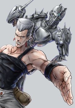 1boy absurdres armor bare_shoulders blue_eyes clenched_teeth collarbone commentary earrings fingernails grey_background grey_hair grey_pants hatching_(texture) highres jean_pierre_polnareff jewelry jojo_no_kimyou_na_bouken kaib0y linear_hatching making-of_available male_focus outstretched_arm pants reflection short_hair silver_chariot simple_background solo stand_(jojo) teeth toned toned_male weapon