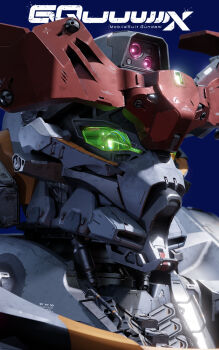 Rule 34 | 3d, absurdres, blender (medium), character name, clip studio paint (medium), commentary, damaged, debris, dirty, english commentary, exposed internal machinery, glowing, glowing eyes, gquuuuuux, green eyes, gundam, gundam gquuuuuux, highres, krypppp, logo, looking at viewer, mecha, mecha focus, mobile suit, no humans, portrait, realistic, robot, science fiction, title, upper body, v-fin