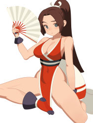 Rule 34 | 1girl, absurdres, bare shoulders, belt, blue eyes, bracer, breasts, brown hair, china dress, chinese clothes, cleavage, closed mouth, dress, hair ribbon, hand fan, hand up, high ponytail, highres, holding, holding fan, large breasts, long hair, looking at viewer, monster l (hochihochiha), ninja, on floor, parted bangs, pelvic curtain, revealing clothes, ribbon, shiranui mai, socks, solo, the king of fighters, thick thighs, thighs, white ribbon