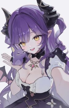 1girl absurdres bbony_0_0 black_bow black_bowtie black_horns black_skirt bow bowtie breasts cleavage commentary creature detached_sleeves dragon_girl dragon_horns dragon_wings fangs hand_up high-waist_skirt highres holding holding_creature horns large_breasts long_hair open_mouth pointy_ears purple_hair reaching reaching_towards_viewer sakihane_huya selfie shirt shirt_tucked_in short_sleeves simple_background skirt sleeveless sleeveless_shirt slit_pupils smile solo spaghetti_strap stellive symbol-only_commentary taking_picture two_side_up upper_body virtual_youtuber white_background white_shirt wings yellow_eyes