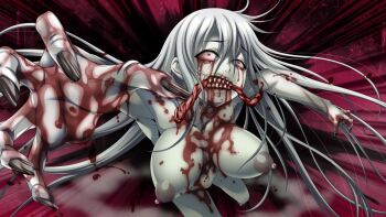 blood breasts chasing claws colored_skin fangs grand_guignol_no_yoru grey_skin large_breasts long_hair monster monster_girl motion_lines nipples nude running tears teeth tinkerbell white_hair