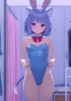 1girl absurdres ahoge animal_ears bare_shoulders blue_hair blue_leotard blunt_bangs blush bow bowtie breasts cameltoe cat_ears cat_girl cat_tail cloud_hair_ornament commentary_request covered_navel detached_collar fake_animal_ears hair_ornament highleg highleg_leotard highres indie_virtual_youtuber indoors kurageu_roa leotard looking_at_viewer masamune-tan medium_hair open_mouth playboy_bunny pom_pom_(clothes) pom_pom_hair_ornament purple_eyes rabbit_ears red_bow small_breasts solo strapless strapless_leotard tail virtual_youtuber
