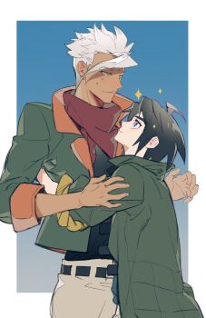 2boys bandana belt black_belt black_hair blue_background blue_eyes border closed_mouth green_jacket gundam gundam_tekketsu_no_orphans highres jacket male_focus mikazuki_augus multiple_boys orga_itsuka pants short_hair sparkle sumooo_(ga_ilil) tan white_border white_pants yaoi