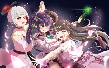 3girls :d ;) ;d absurdres beret blunt_bangs bob_cut breasts brooch brown_hair brown_hat closed_mouth colored_inner_hair commentary dark_background diploma_tube dream_believers dress floating_hat flower frilled_dress frills fujishima_megumi graduation green_ribbon grey_hair hair_bun hair_flower hair_intakes hair_ornament hat heart highres holding hug inverted_bob ixianim jewelry large_breasts light_particles link!_like!_love_live! long_hair love_live! multicolored_hair multiple_girls neck_ribbon official_alternate_costume one_eye_closed open_mouth otomune_kozue pink_dress pink_eyes pleated_dress purple_eyes purple_hair red_flower red_hair ribbon side_ponytail sidelocks single_side_bun smile split_mouth star_(symbol) star_hair_ornament streaked_hair symbol-only_commentary tassel tassel_hair_ornament two_side_up virtual_graduation_commemoration virtual_youtuber yugiri_tsuzuri