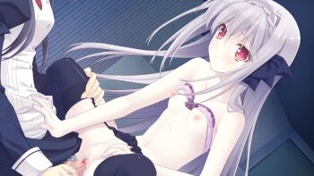 1boy 1girl apron black_thighhighs blood blue_hair blush bow bow_bra bra bra_lift braid breasts buttons censored clothes_lift clothes_pull collarbone cum cum_in_pussy defloration dutch_angle game_cg garter_belt garter_straps girl_on_top grey_hair hair_bow hetero indoors kokura_asahi long_hair long_sleeves maid_apron mosaic_censoring navel nipples open_mouth pale_skin penis pink_bra purple_hair pussy red_eyes ribbon room sakurakouji_luna sex shorts shorts_pull small_breasts suzuhira_hiro sweat sweatdrop thighhighs trap trap_on_female tsuki_ni_yorisou_otome_no_sahou underwear vaginal