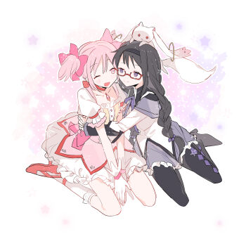 2girls absurdres akemi_homura akemi_homura_(magical_girl) argyle_clothes argyle_pantyhose black_hair black_hairband black_pantyhose bow braid collarbone commentary couple creature_on_head dress frilled_dress frills full_body glasses gloves hair_bow hairband highres hug kaname_madoka kaname_madoka_(magical_girl) kyubey long_hair looking_at_another magical_girl mahou_shoujo_madoka_magica mahou_shoujo_madoka_magica_(anime) multiple_girls one_eye_closed own_hands_together pantyhose pink_hair pipi_o_(pipioo08) puffy_short_sleeves puffy_sleeves purple_eyes red-framed_eyewear red_shoes shoes short_sleeves short_twintails sitting twin_braids twintails white_gloves yuri