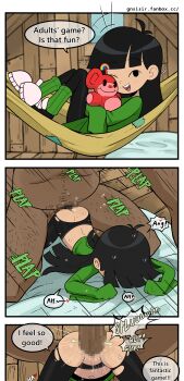 1boy 1girl 3koma absurdres age_difference ass black_eyes black_footwear black_hair black_pantyhose blush border censored clothed_female_nude_male clothes_lift clueless codename:_kids_next_door comic cowboy_shot dark-skinned_male dark_skin ear_blush english_text eyebrows face_down fanbox_username fat fat_man from_behind from_below from_side full_body gnsisir green_shirt green_socks hammock happy hetero highres hugging_doll hugging_object indoors interracial knees_up loli long_hair long_shirt long_sleeves looking_at_viewer looking_to_the_side lower_body lying mosaic_censoring navel no_sclera nude numbuh_3 on_back one_eye_closed open_mouth pantyhose penis pussy sex sex_from_behind shirt shirt_lift shoes size_difference sleeves_past_fingers sleeves_past_wrists smile sneakers socks teeth top-down_bottom-up torn_clothes torn_pantyhose two-tone_footwear upper_teeth_only vaginal very_dark_skin white_border white_footwear