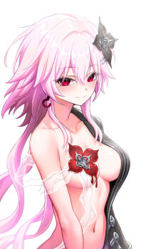 1girl black_flower breasts chinese_commentary closed_mouth collarbone commentary_request convenient_censoring earrings evernight_(honkai:_star_rail) flower hair_between_eyes hair_flower hair_ornament highres honkai:_star_rail honkai_(series) jewelry large_variant_set light_blush long_hair looking_at_viewer march_7th_(honkai:_star_rail) medium_breasts navel nude open_clothes pink_hair red_eyes red_flower royboy smile solo stomach variant_set