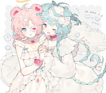 2girls :o ? ahoge angel_wings animal_collar animal_ears bead_choker beads bear_hair_ornament blue_bow blue_hair blue_ribbon blunt_bangs bone border bow braid bright_pupils cartoon_wings chest_jewel chest_tattoo chinese_commentary cleavage_cutout clothing_cutout collar collarbone commentary_request confused cowboy_shot dated detached_wings dog_ears dot_nose double_bun dress eyepatch floppy_ears frilled_eyepatch frilled_sleeves frills fur_cuffs gem grey_background hair_bow hair_bun hair_half_over_shoulder hair_ornament halo happy heart heart-shaped_gem heart_cutout heart_eyepatch heart_print highres holding_hands interlocked_fingers layered_sleeves long_hair long_sleeves mask mask_on_head multiple_girls notice_lines one_eye_closed open_mouth original outside_border parted_bangs pillow pink_eyes pink_gemstone pink_hair puffy_short_sleeves puffy_sleeves red_collar ribbon shanyu_ming short_dress short_hair short_over_long_sleeves short_sleeves signature sleep_mask sleeveless sleeveless_dress smile spoken_question_mark tareme tattoo traditional_halo twin_braids unworn_dress very_long_hair white_border white_bow white_dress white_mask white_pupils white_ribbon white_wrist_cuffs wing_hair_ornament wing_print wings wrist_cuffs yellow_halo