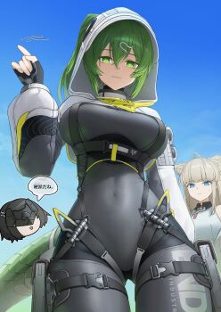 Rule 34 | 3girls, absurdres, allen.n, arknights, arknights: endfield, belt, black bodysuit, blue eyes, bodysuit, breasts, brown hair, commentary, covered navel, endfield industries logo, endministrator (arknights), female endministrator (arknights), fingerless gloves, fluorite (arknights), gloves, green eyes, green hair, hair between eyes, hair through hood, high belt, highres, hood, hood up, hooded shrug, impossible bodysuit, impossible clothes, long hair, long sleeves, looking at viewer, multiple girls, perlica (arknights), revision, shrug (clothing), snake girl, snake tail, tail, white shrug