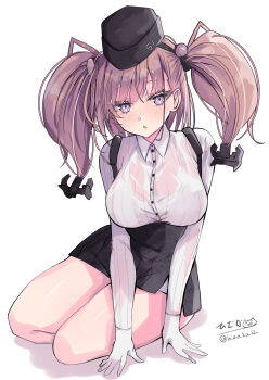 1girl absurdres anchor_hair_ornament atlanta_(kancolle) black_hat blush bra bra_visible_through_clothes breasts brown_hair dress_shirt earrings garrison_cap gloves grey_eyes hair_ornament hat high-waist_skirt highres hizaka jewelry kantai_collection large_breasts long_hair long_sleeves looking_at_viewer partially_fingerless_gloves see-through_clothes see-through_shirt shirt signature single_earring sitting skirt solo star_(symbol) star_earrings suspender_skirt suspenders twitter_username two_side_up underwear white_background white_bra white_shirt