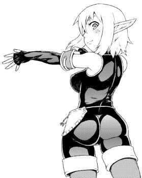 Rule 34 | 1girl, ankama, ass, bare shoulders, belt, blonde hair, blush, bodysuit, boots, breasts, cra (wakfu), cra f, elbow gloves, evangelyne (wakfu), female focus, fingerless gloves, freckles, from behind, gloves, green eyes, greyscale, large breasts, looking back, monochrome, pointy ears, short hair, sidelocks, simple background, smile, solo, tsukudani (coke-buta), wakfu, white background