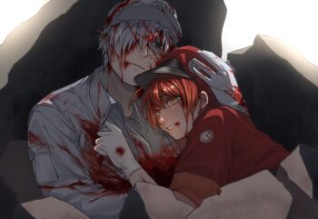 1boy 1girl absurdres ae-3803 ahoge badge black_eyes bleeding blood blood_from_mouth blood_on_clothes blood_on_face blood_on_gloves breast_pocket brown_eyes button_badge character_name chinese_commentary closed_mouth clothes_writing collared_shirt commentary couple crying dress_shirt empty_eyes hair_between_eyes hair_over_one_eye hand_on_another&#039;s_chest hands_on_another&#039;s_head hat hat_ornament hataraku_saibou head_on_chest highres hug injury jacket leaning_on_person long_sleeves looking_afar newsboy_cap pale_skin parted_lips pocket raised_eyebrows red_blood_cell_(hataraku_saibou) red_hair red_hat red_jacket rougui_(he_fengyu) rubble shaded_face shirt short-sleeved_jacket short_hair short_sleeves tearing_up translated u-1146 very_short_hair white_background white_blood_cell_(hataraku_saibou) white_hair white_hat white_shirt