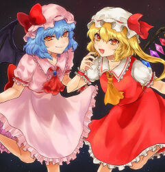 Rule 34 | 2girls, ascot, back bow, bat wings, blonde hair, blue brooch, blue hair, bow, breasts, brooch, center frills, closed mouth, collarbone, collared shirt, crystal, dark background, fang, fang out, feet out of frame, flandre scarlet, frilled shirt collar, frilled skirt, frills, hair between eyes, haluta, hat, hat bow, hat ribbon, highres, jewelry, large bow, long hair, looking at viewer, medium hair, mob cap, multicolored wings, multiple girls, one side up, open mouth, pink hat, pink shirt, pink skirt, red ascot, red bow, red eyes, red ribbon, red skirt, red vest, remilia scarlet, ribbon, ribbon-trimmed headwear, ribbon trim, shirt, siblings, sisters, skin fang, skirt, skirt set, small breasts, touhou, vest, white hat, white shirt, wings, yellow ascot