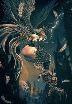 1girl absurdres architecture ass baloolax bird_legs black_hair breasts brown_eyes brown_hair brown_wings claws closed_mouth commentary falling_feathers feather_hair_ornament feathered_wings feathers flying from_side gothic_architecture hair_ornament harpy highres hololive hololive_english large_breasts legs lightning long_hair looking_at_viewer monster_girl monsterification multicolored_hair nanashi_mumei nanashi_mumei_(harpy) night outdoors ruins sideways_glance solo streaked_hair talons thick_thighs thighs tower twitter_username very_long_hair virtual_youtuber white_hair winged_arms wings