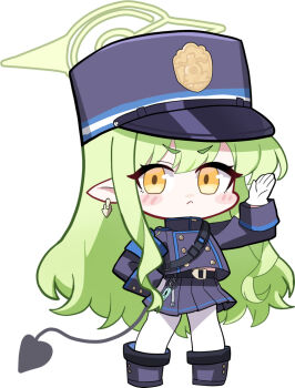 black_hat blue_archive blush chibi gloves green_hair green_halo halo hashtag-only_commentary hat hideinroom long_hair looking_at_viewer pantyhose pointy_ears simple_background skirt standing tail white_background white_gloves white_pantyhose yellow_eyes