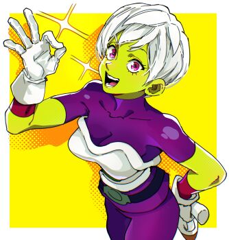 1girl :d absurdres alien bodysuit border cheelai colored_skin cowboy_shot dragon_ball dragon_ball_super dragon_ball_super_broly gloves green_skin halftone halftone_background hand_on_own_hip highres isaacchief300 ok_sign open_mouth purple_eyes short_hair smile solo sparkle teeth white_border white_gloves white_hair