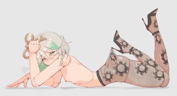 1girl absurdres alternate_costume black_pantyhose black_shoes breasts cecilia_immergreen commentary doll_joints english_commentary frantic_(frantickohi) green_eyes green_hair grey_background grey_hair hair_ornament high_heels highres hololive hololive_english joints lace_pantyhose_hooked_on_heel_(meme) looking_at_viewer lying medium_hair meme nipples on_stomach pantyhose shoes simple_background small_breasts solo topless_female variant_set virtual_youtuber winding_key