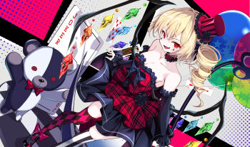 1girl :d absurdres alternate_costume argyle_clothes argyle_thighhighs asymmetrical_legwear balloon bare_shoulders black_bow black_dress black_flower black_rose black_shoes black_skirt black_thighhighs blonde_hair bow breasts card checkered_floor choker cleavage collarbone commentary_request crystal detached_sleeves dress drill_hair fang flandre_scarlet flower frilled_choker frills hair_bow hat hat_flower highres holding holding_balloon joker_(playing_card) laevatein_(touhou) layered_dress long_hair long_sleeves looking_at_viewer medium_breasts mismatched_legwear open_mouth pink_thighhighs plaid_choker plaid_clothes plaid_dress playing_card red_choker red_dress red_eyes red_hat rose shoes skin_fang skirt smile solo strapless strapless_dress striped_clothes striped_hat striped_thighhighs stuffed_animal stuffed_toy teardrop_facial_mark teddy_bear thighhighs top_hat touhou very_long_hair white_thighhighs wings yamanakaume