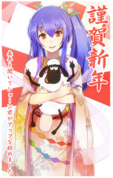 1girl alternate_costume alternate_hairstyle blue_hair blush crossover double_v female_focus food fruit hinanawi_tenshi long_hair nakaichi_(ridil) new_year open_mouth peach ponytail red_eyes shaun_the_sheep shawl sheep smile solo touhou translation_request v wallace_&amp;_gromit zeb_nakaichi