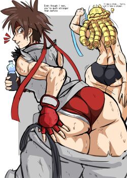 Rule 34 | 2girls, absurdres, ass, black panties, blonde hair, blue ribbon, bottle, brown eyes, brown hair, charge sol, cosplay, from behind, highres, huge ass, kanzuki karin, kasugano sakura, looking back, multiple girls, panties, red panties, red ribbon, ribbon, ryu (street fighter) (cosplay), street fighter, underwear