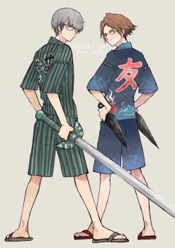 Rule 34 | 2boys, absurdres, brown hair, glasses, grey hair, hanamura yousuke, highres, holding, holding weapon, looking back, male focus, multiple boys, narukami yu, oui zen, persona, persona 4, sandals, short hair, shorts, weapon