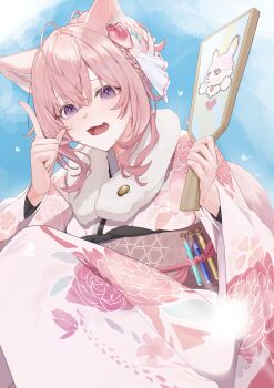 1girl absurdres animal_ear_fluff animal_ears blue_background commentary_request double-parted_bangs edge_ill fang floral_print floral_print_kimono fur-trimmed_kimono fur_trim hair_between_eyes hakui_koyori hands_up highres holding hololive index_finger_raised japanese_clothes kimono long_sleeves looking_at_viewer medium_hair object_request open_mouth pink_hair pink_kimono print_kimono purple_eyes smile solo test_tube upper_body virtual_youtuber wolf_ears wolf_girl