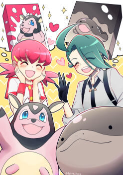 2girls ahoge androgynous animal_ears black_gloves blue_eyes clodsire closed_eyes collared_shirt cow_ears cow_horns foret_kono_(wnfj8535) gen_2_pokemon gloves green_hair heart horns miltank multiple_girls nintendo open_mouth outline pink_hair pokemon pokemon_(creature) pokemon_hgss pokemon_masters_ex pokemon_sv rika_(pokemon) shirt smile sparkle twitter_username white_outline whitney_(pokemon)